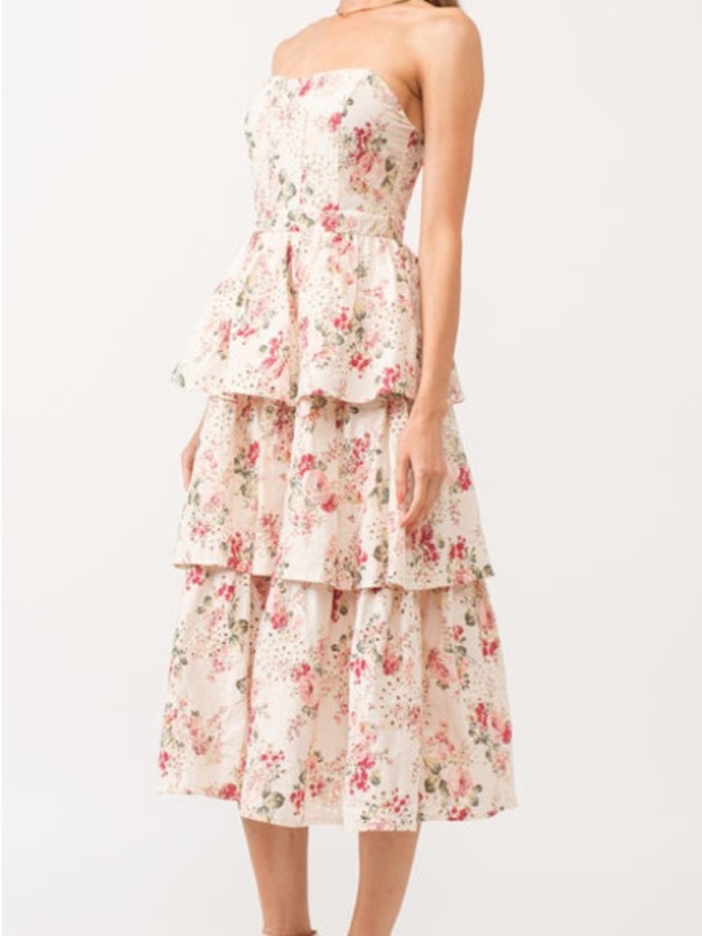Strapless Floral Tiered Midi Dress in Pink and Cream